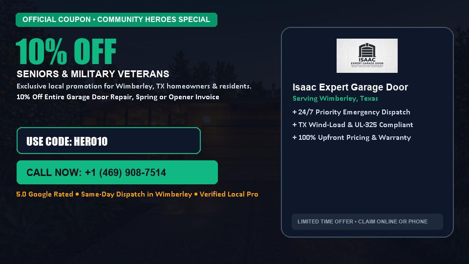 Isaac Expert Garage Door 10% OFF Seniors & Military Veterans in Wimberley, TX